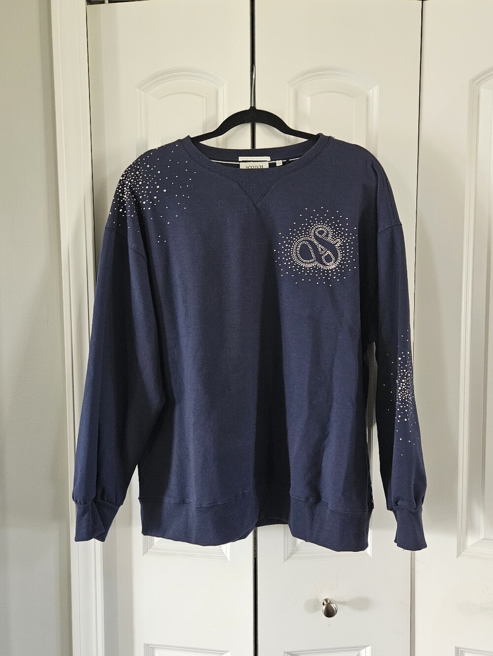 Scotch & Soda Jeweled Navy Crewneck Sweatshirt Oversize  Rhinestone Accents L